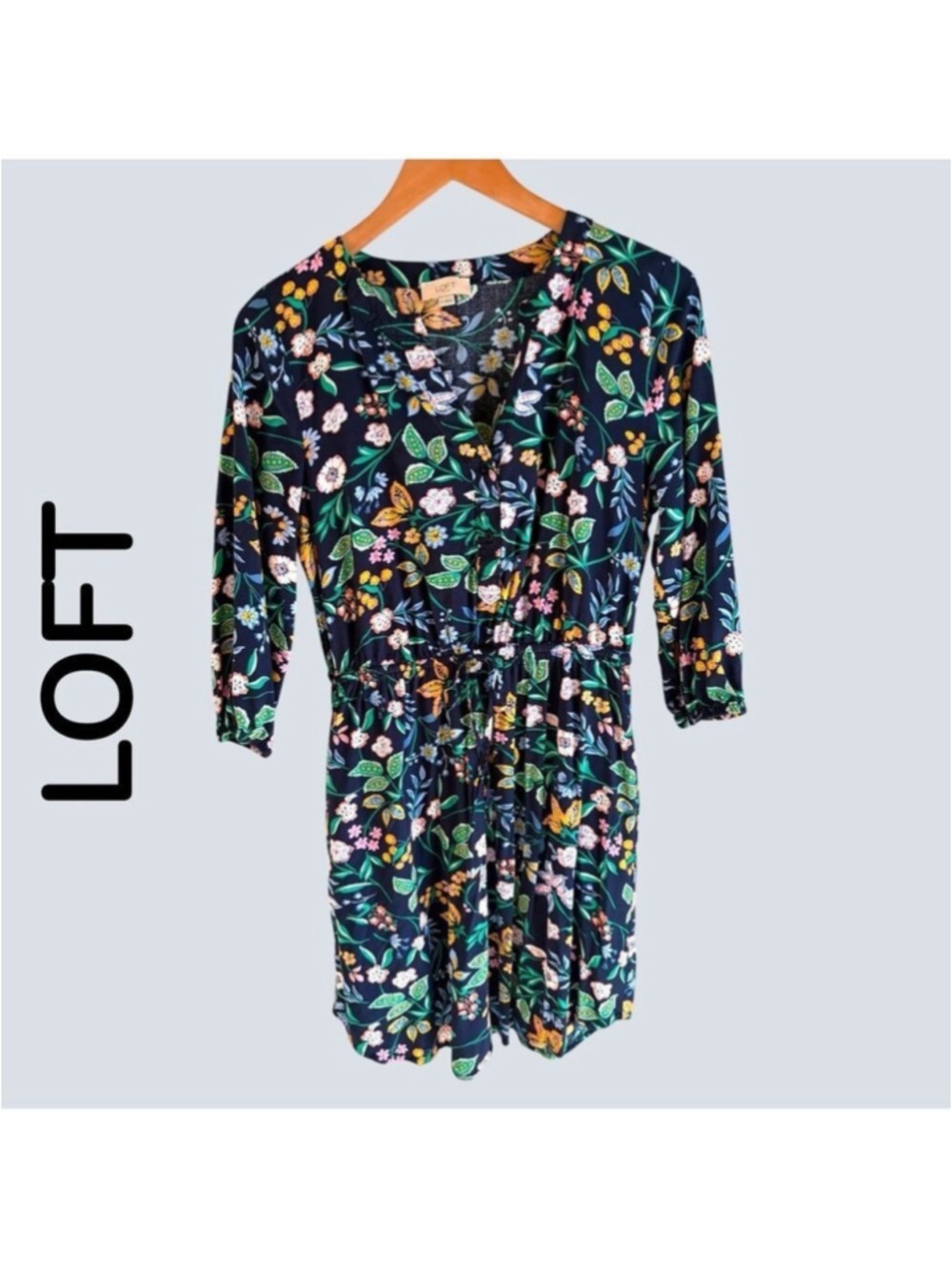 LOFT Chic Multicolor Floral Midi Dress. Drawstring waist/pockets. Like new! EUC!